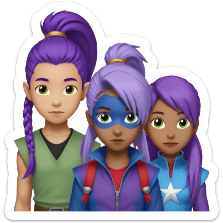 Solo poly platonic relationship, one African girl, one Asian boy, one biracial features Asian tomboy girl rat-tail hair long and upper masculine hair 90s, vampire and marvel cosplay elements inspired  use marvel race, like instead of obvious human, green purple blue etc,  sticker