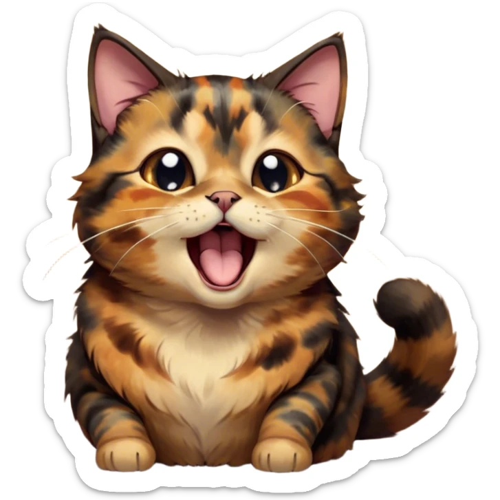 Cinematic Cute Yawning Tortoiseshell Cat Portrait Emoji, Head slightly tilted with a wide, adorable yawn and half-closed, dreamy eyes, featuring a warm, mottled fur of rich browns and blacks, simplified yet irresistibly cute, highly detailed, glowing with a soft, slumbering radiance, high shine, exuding a relaxed, drowsy charm, styled with a gentle, soft glowing outline, capturing the essence of a tortoiseshell cat in a precious moment of sleepy delight! sticker
