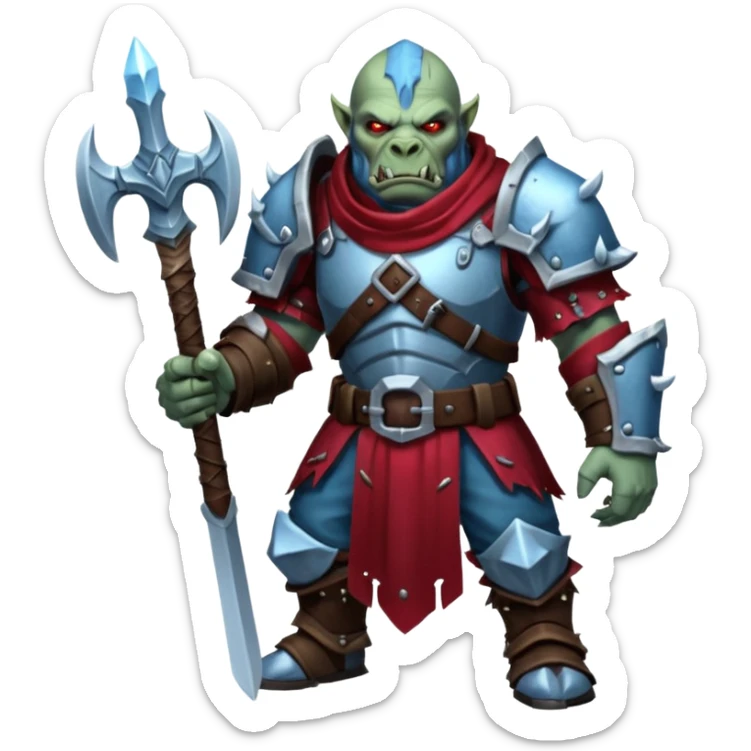 
Fantasy Christmas orc legion soldier icon, iron tundra army theme, heavy winter armor, disciplined brutal look, icy blue steel armor with deep crimson accents, frozen metal texture, cold winter atmosphere, male variant sticker