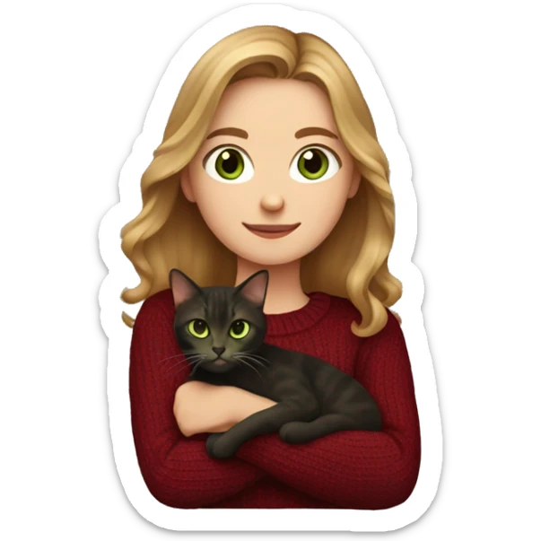 White girl with green eyes and light brown hair wearing a dark red sweater and holding a dark tortoiseshell cat sticker