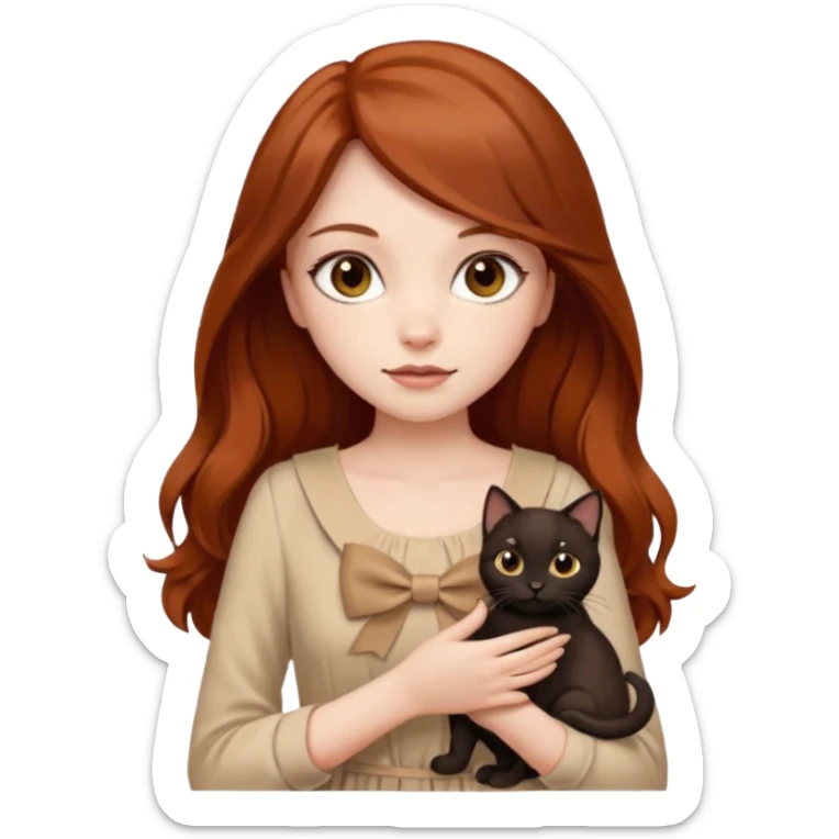 a beautiful girl with long red and brown hair, clear brown eyes, in a beige dress and with a beige bow holds two black cat in her hands sticker