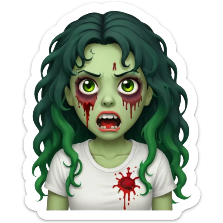 a zombie with long curly black hair volumoso, brown eyes, a white t-shirt and a splash of blood on her t-shirt, mouth open like a zombie, green skin color, not much expression, no drawing on shirt, no hands showing, less blood on her face,  sticker
