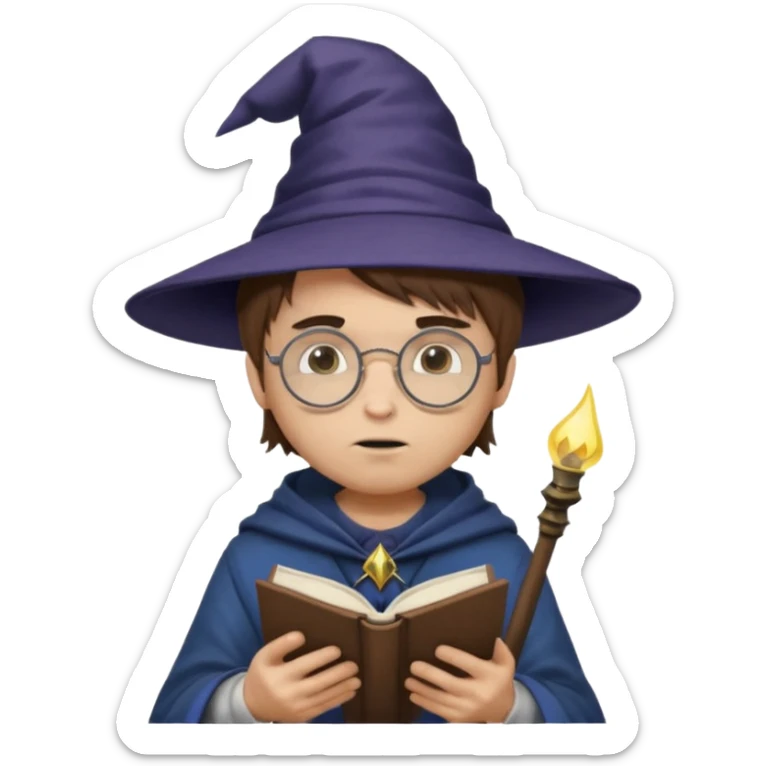 ["A sad boy with light skin, straight hair, wearing a wizard hat and round glasses, dressed in punk fashion, is reading a book while holding a phone."] sticker