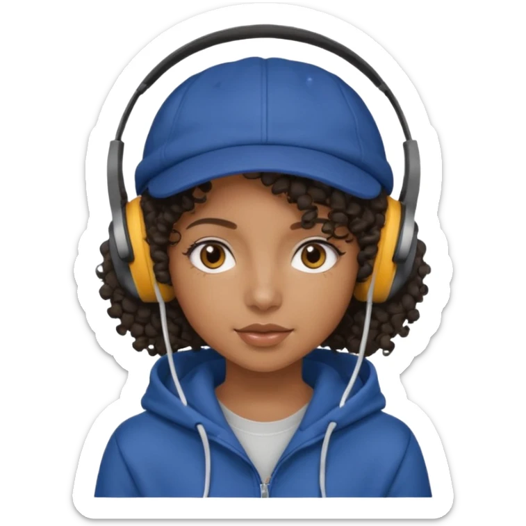 curly haired with headphones in and hoddie  black girl with cap sticker