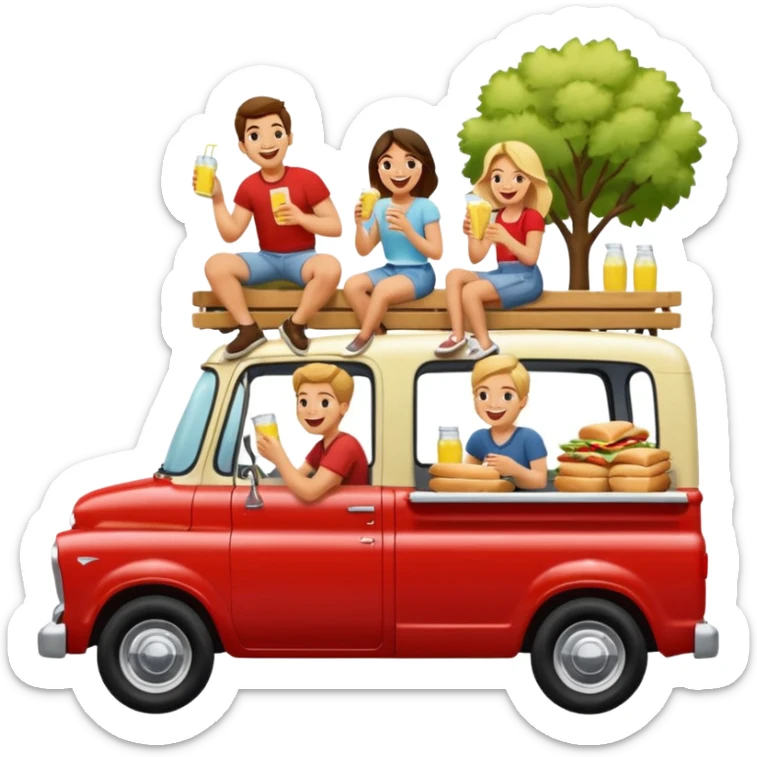 People having a picnic in the back of a red pick up truck sticker