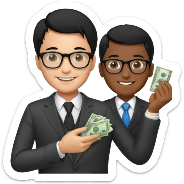 Rich man holding money with his left hand, wearing suit and glasses black hair, brown skin sticker