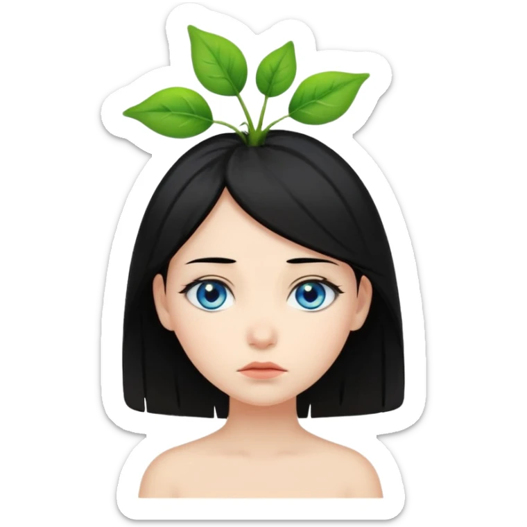 Combine this emoji 🥺 and this emoji 🌱 on its headand its a female with black hair and blue eyes sticker