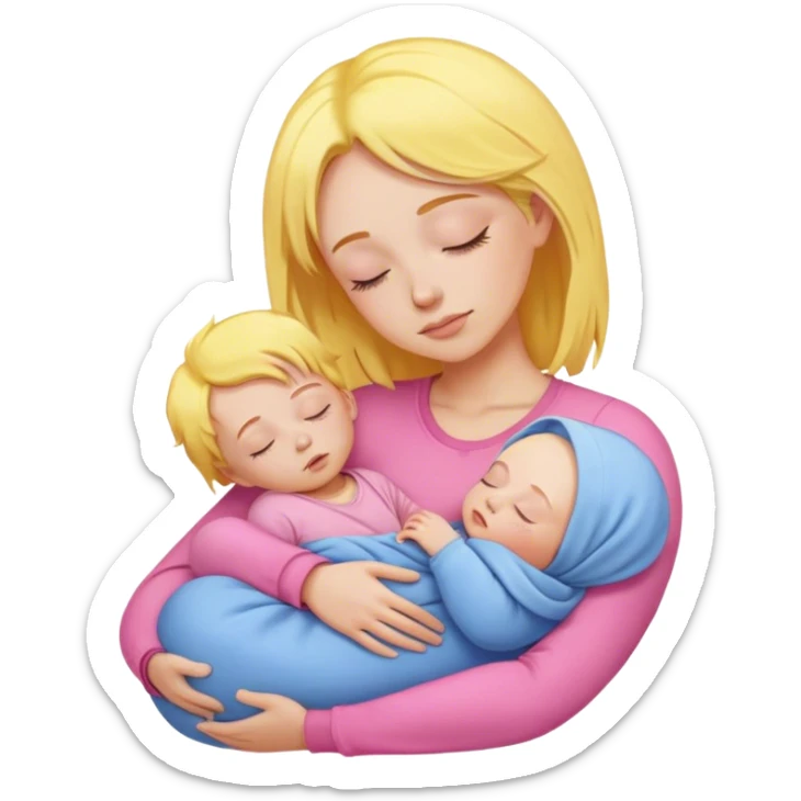 Mother holding baby, mother with yellow hair and pink clothes, baby in blue clothes is sleeping sticker