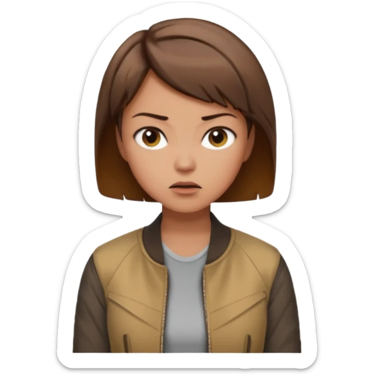 a woman with a brown short hair, looking at the left, frustrated, wearing a trendy jacket, only upper body, high quality sticker