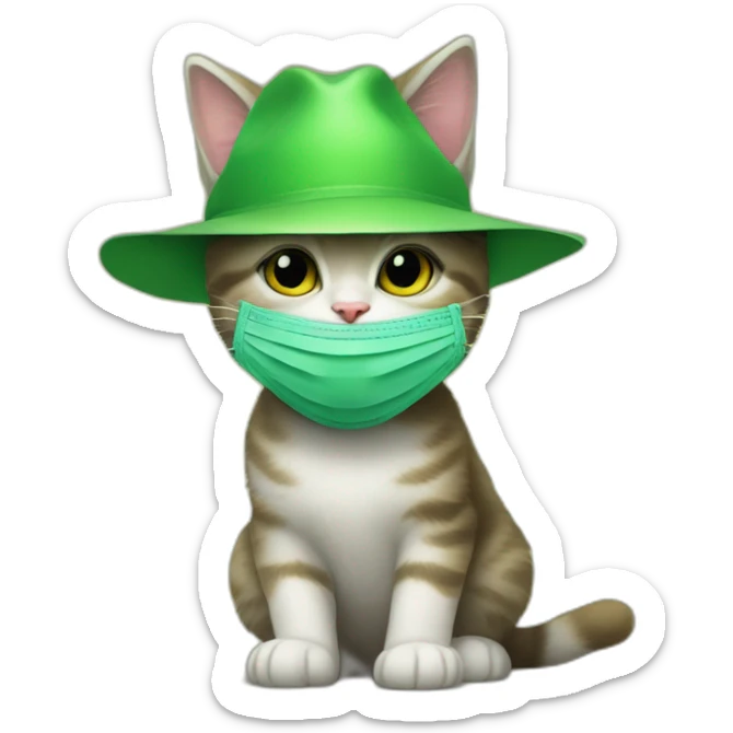 kitten wearing a stanley ipkiss green face mask and wearing a yellow hat from the film the mask sticker