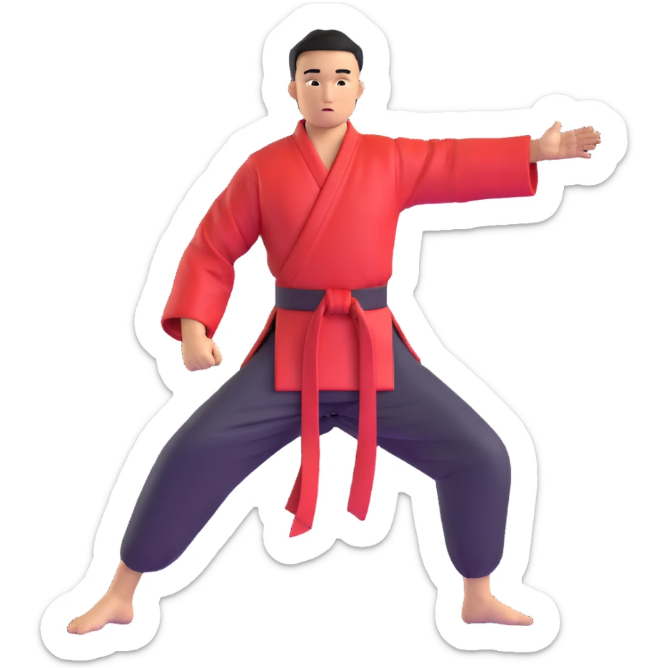 Martial artist in dynamic kung fu pose, wearing traditional loose outfit with sash sticker