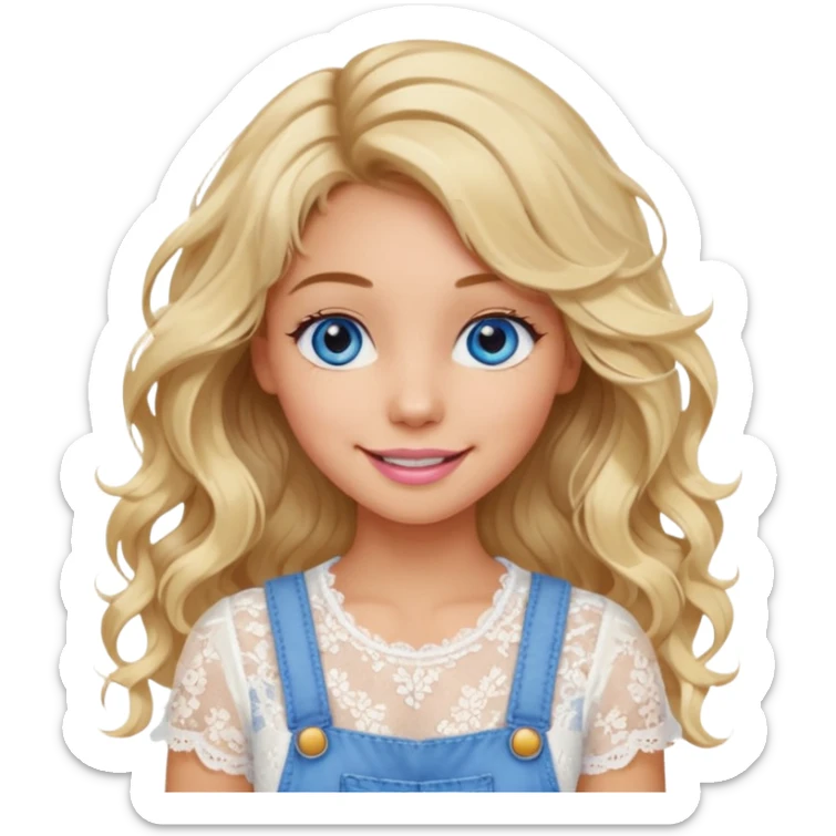 create an emoji of a young woman. She has a gentle look, with long blonde messy but wavy hair, blue eyes, tanned skin, natural soft pink lips. she wears a very white lacy top with an overall sticker