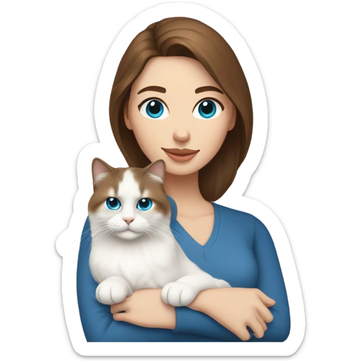 woman with brown hair and holding a all white Siberian cat with blue eyes sticker