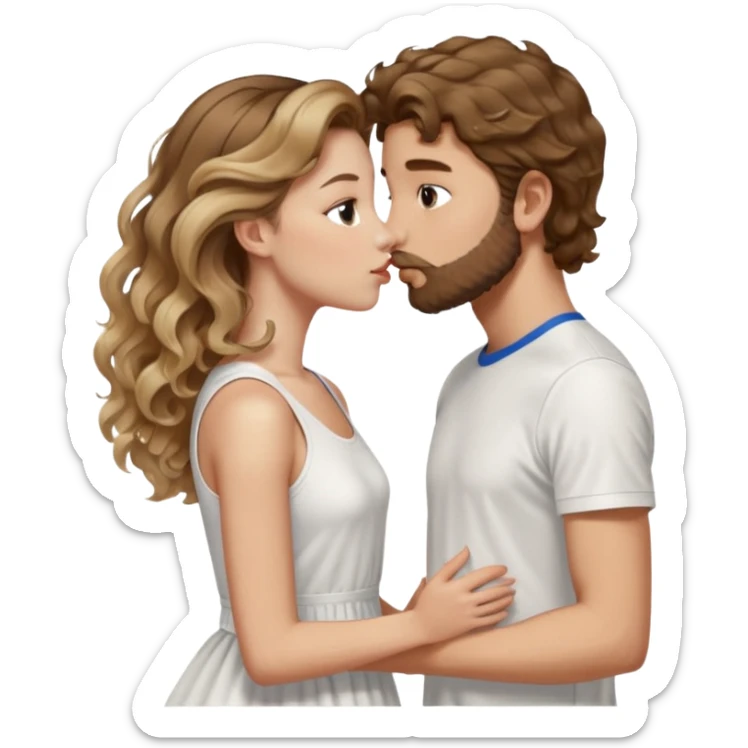 A girl with very long  balayage brown & blond curls kissing a boy with brown hair and a sort beard. She wears a dress white and he wears a wihite sports shirt from nike sticker