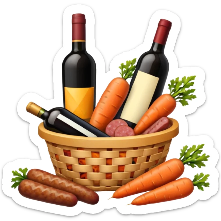 a basket filled with carrots, a bottle of wine, sausages, and a cheese, all visible and arranged together, emoji style sticker