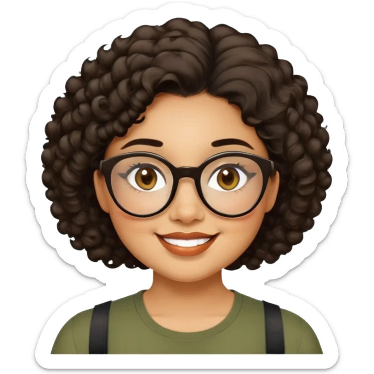 Woman in her 20s with caramel skin tone. Cheerful round face with chubby cheeks. Brown eyes behind thick black glasses. Voluminous short curly hair. Wide smile with dimples. Wearing olive green shirt with wide straps. sticker