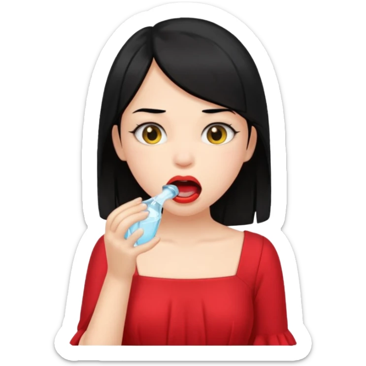 a girl with black hair and red dress rinsing mouth with pale yellow water coming out from a banana above her head sticker