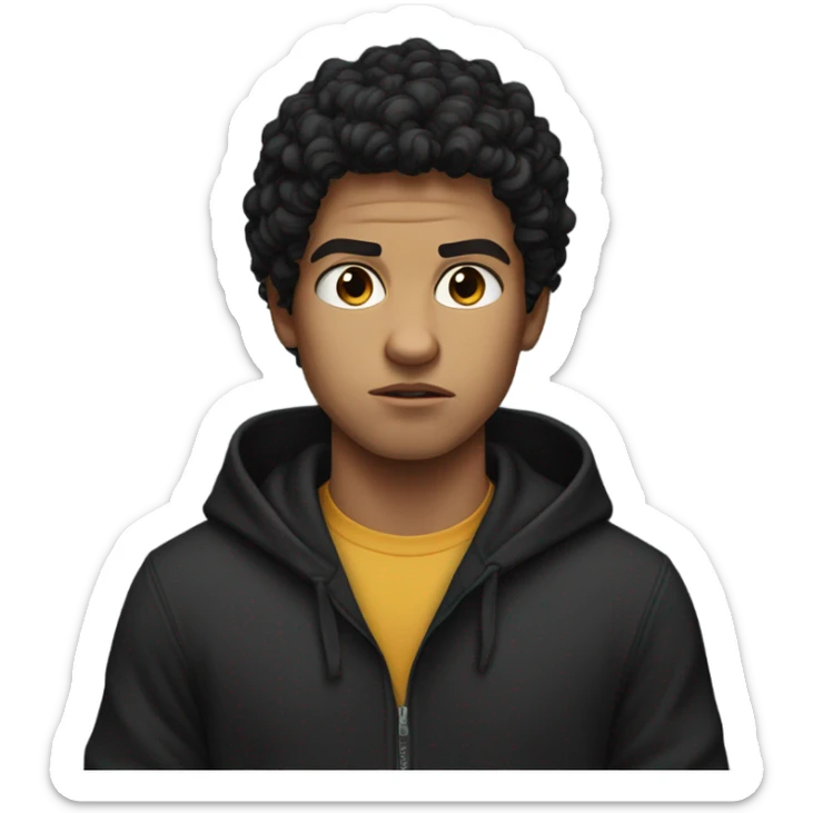 a young male with medium skin and curly black hair, wearing a black hoodie, angry expression  sticker