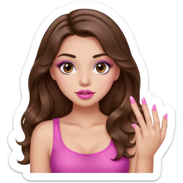 girl with long wavy brown hair, brown eyes, light to medium complexion, in a pink sexy top, pink puckered lips, long lashes, showing a manicure sticker