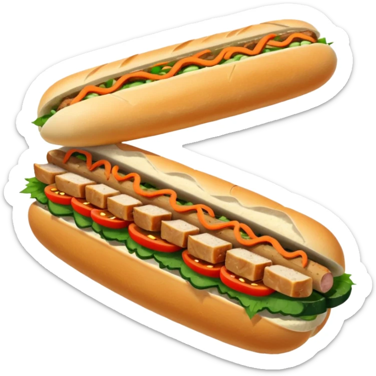 traditional banh mi with char grilled pork emoji 


    Very crusty baguette

    Mayo 

    Pickled carrot 

    Cucumber, coriander/cilantro, green onion, chilli 
 sticker