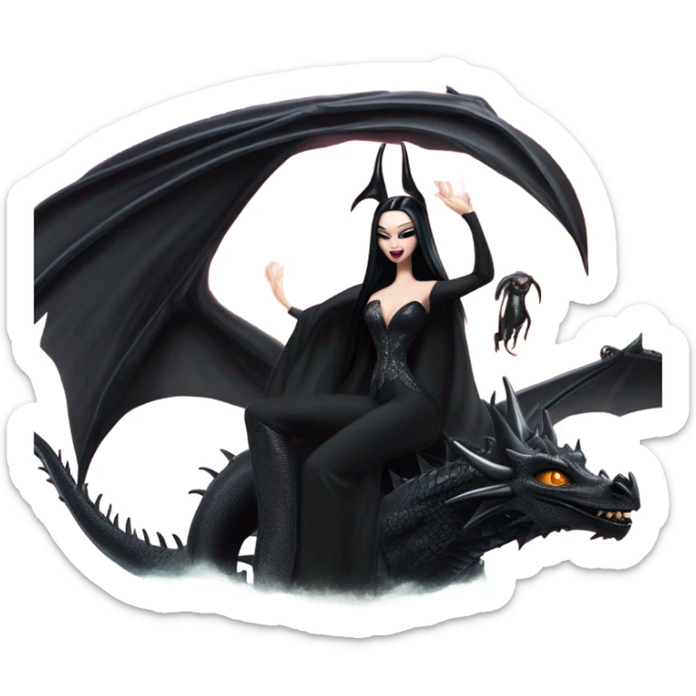 empowered and glamorously  dressed teen Morticia Addams Malibu Beach Barbie Jedi flying/riding on the back of a very large black shiny evil-looking fire-spewing horned dragon. proper scale sticker