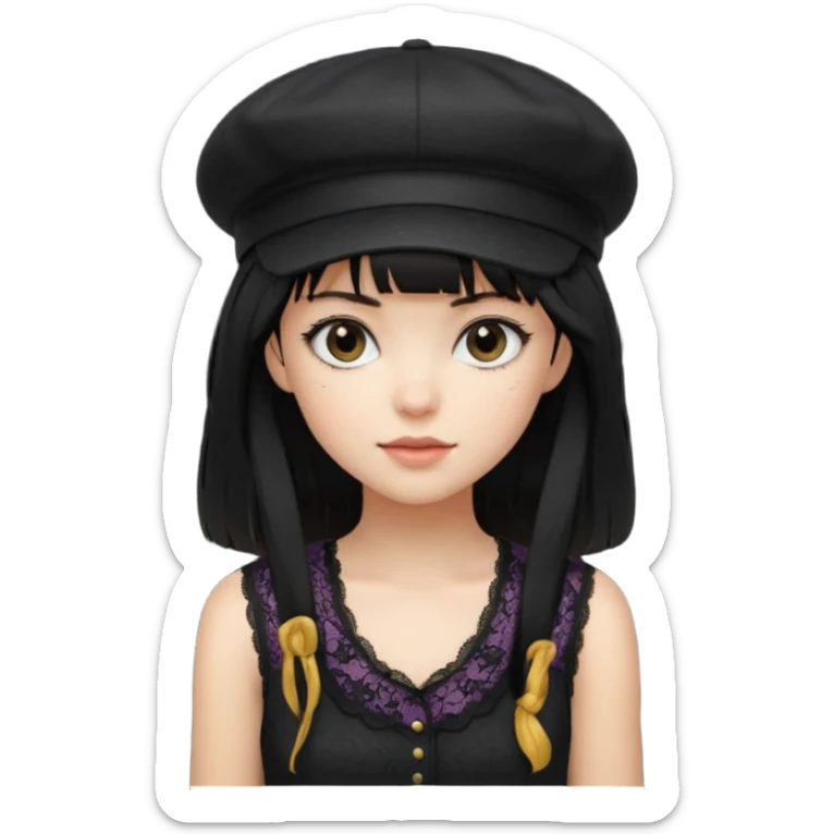 pinterst girl with heavy bang, black long hair and black color newsboy cap on her hat, wearing black color lace sleeveless  sticker