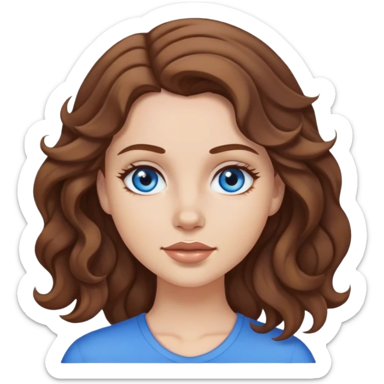 White girl with brown hair wavy curtain bags, blue eyes,  sticker
