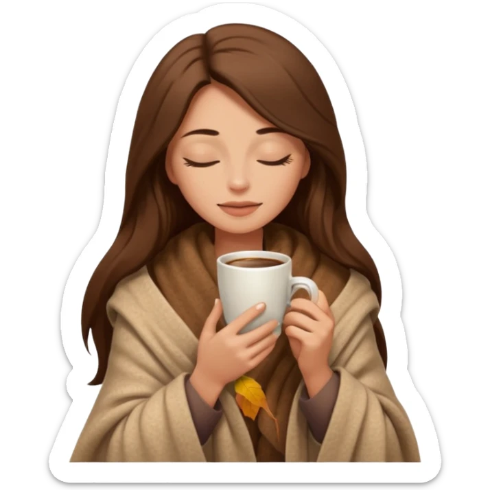 long brown hair woman closed eyes hiding under a cozy wool beige blanket, holding cup of coffee, autumn mood sticker