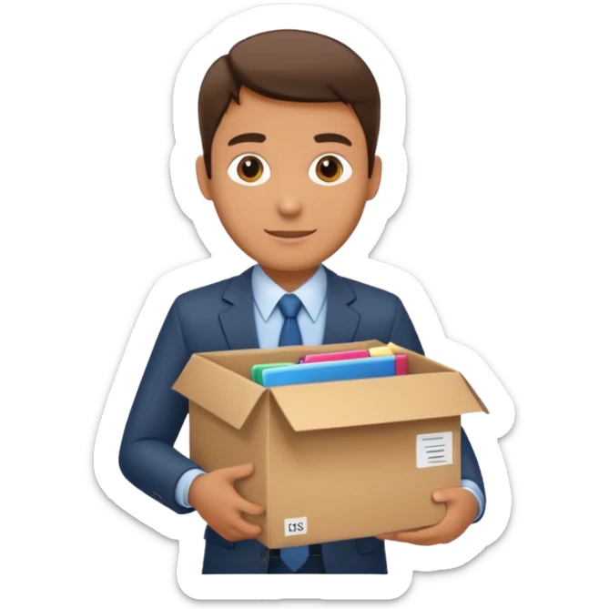 I want an emoji that represents moving out of the office. It's like a businessman with a cardboard box with box office utilities inside of the box. sticker