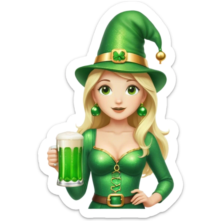 Blonde haired pretty woman in glittery green bell bottoms and tall leprechaun hat holding a green beer sticker