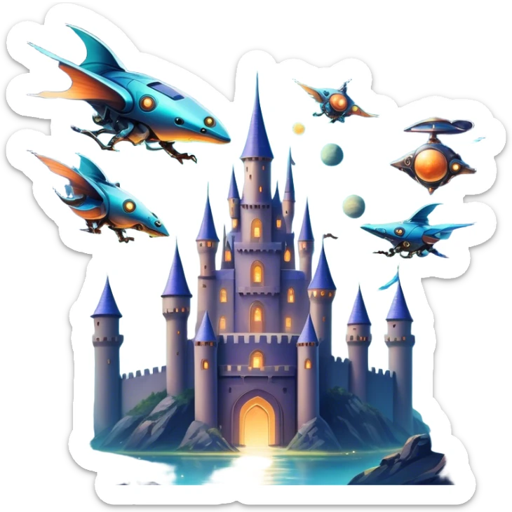 Icon for Fantasy and Sci-Fi Movies: A magical collage with flying dragons. futuristic spaceships and UFOs. Stars and planets shimmer in the background with a mystical castle Hogvards an ancient wizard and robots. The atmosphere is epic, otherworldly and adventurous. Transparent background. sticker