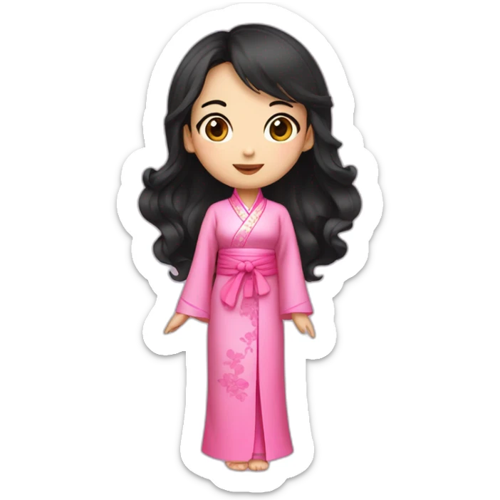 cute asian girl with wavy black hair posing with pink ao dai full body sticker