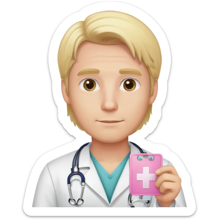 light pink doctor id badge with the name artur, blonde man with middle part hair sticker