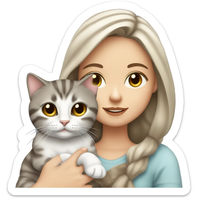 Long Dark brown haired white girl with hazel eyes holding gray tabby cat sticker