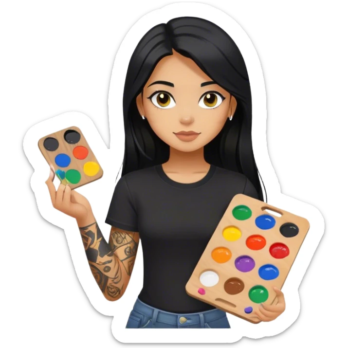 A girl with long black hair and hazel eyes and black tattoos on right arm holding a paint palette  wearing black shirt sticker