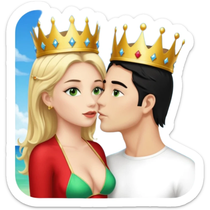 Blonde Queen with crownGreen eyes in Bikini kissing Male subject without crown black hair blue eyes Background sky sticker