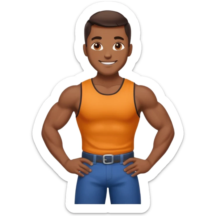 Adult male, brown skin, muscular, confident grin, slightly provocative stance, hands on hips, assertive energy, clearly distinct from Black and Farmer roles sticker