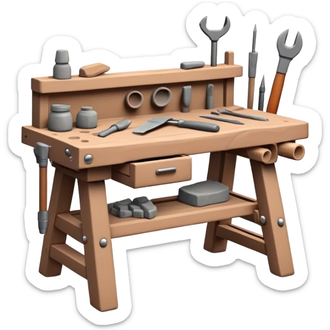 Cinematic Realistic image of a workbench set with a lump of pliable clay and artisanal sculpting tools, rendered with finely detailed textures that reveal subtle clay particles and well-worn tool surfaces, bathed in warm, focused studio lighting sticker