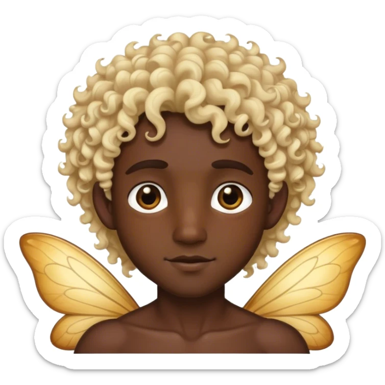 Make an emoji of a fairy with curly blonde hair mixed with black and brown eyes, the character has to be a man and with skin tones dark-hairedMake an emoji of a fairy with curly blonde hair mixed with black and brown eyes, the character has to be a man and with skin tones dark-haired sticker