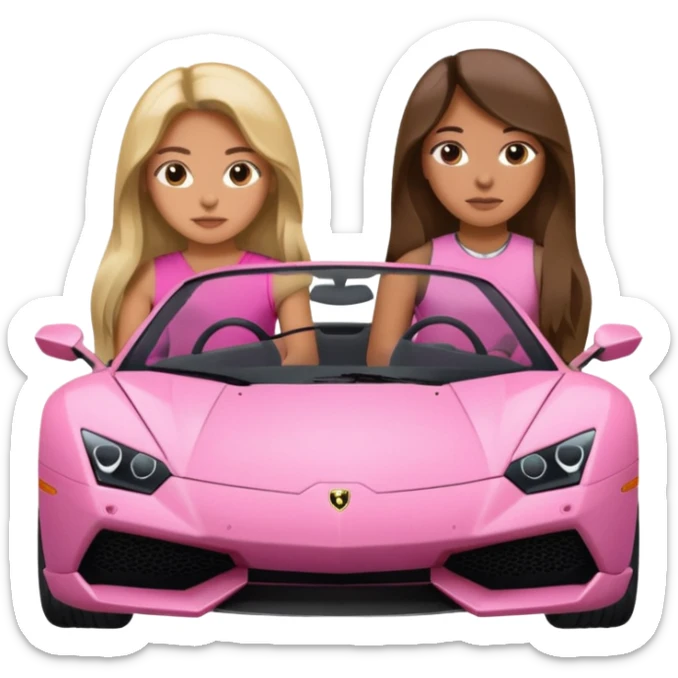Make car far away so I can see full car Car facing forward in sports car. Make hair long  two girls in car far away Front of car sitting in the seats. Make it a pink sports car. They are two baddies make it a Lamborghini pink car  sticker