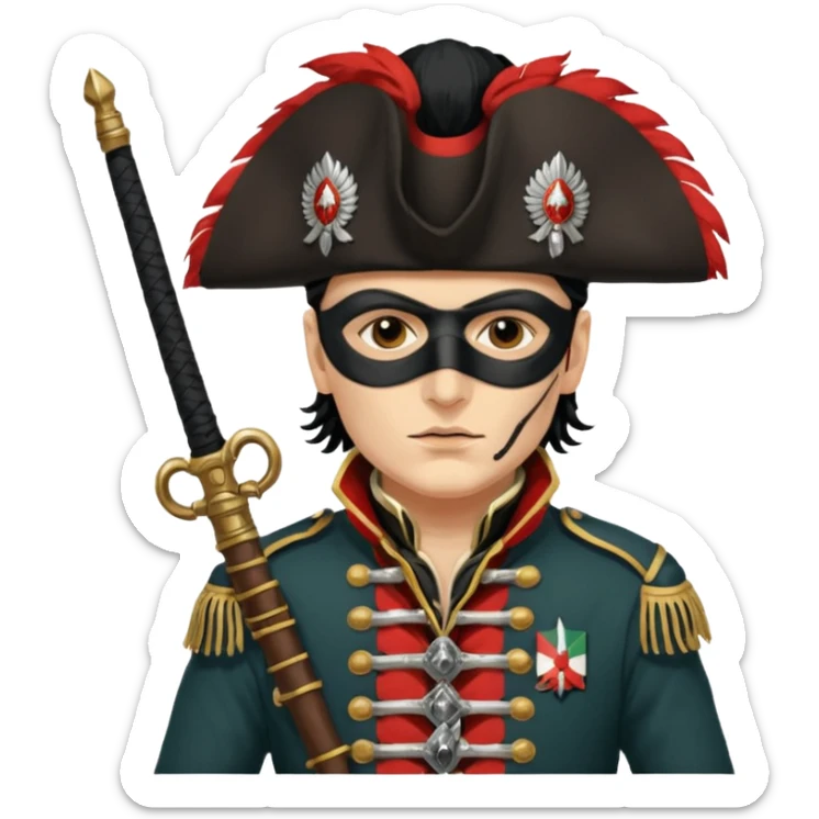 Adam Ant  painted with Indian war colors with black mask is wearing a Hungarian Hussar'S JACKET, holds two firelocks holsters in his hands sticker