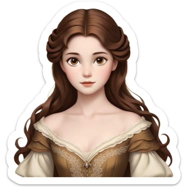 Cinematic Realistic Belle Portrait, depicted with lifelike skin texture, soft natural lighting, and intricately detailed brown hair styled elegantly. Her deep, expressive eyes exude warmth and intelligence, complemented by a serene and graceful expression. She is dressed in her classic attire, with rich fabric textures and delicate folds that catch the light beautifully. The portrait features a soft, enchanting glow with a natural, radiant finish, capturing the essence of timeless beauty in a realistic and painterly style, evoking a sense of depth and authenticity. sticker