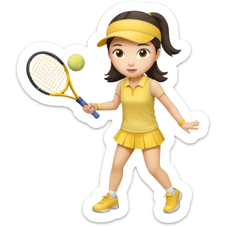 A cute Asian girl playing tennis, wearing a butter yellow outfit sticker