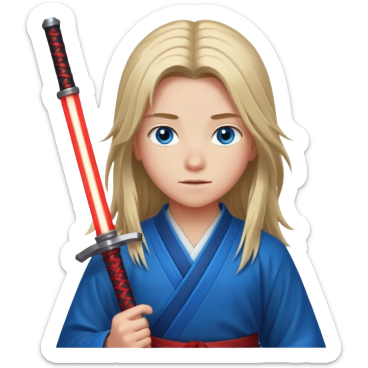 A 14 year old with red glowing katana and his hair be long and eye colour of blue with beautiful background sticker