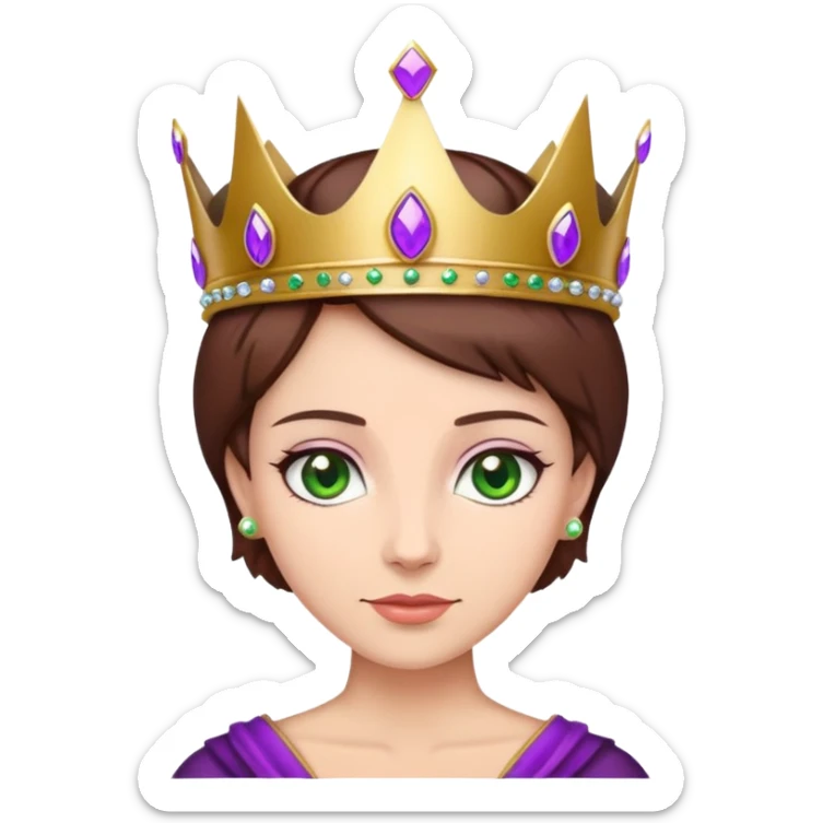 Purple crown on a queen with short brown hair and greene ye sticker