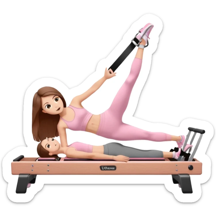 pretty white teen with hazel eyes and long brown hair and a small waist in light pink workout clothes in a plank on a pilates reformer sticker