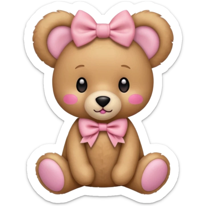 The og emoji teddy bear eith some pink blush and a cute pink coquette bow in the ear sticker