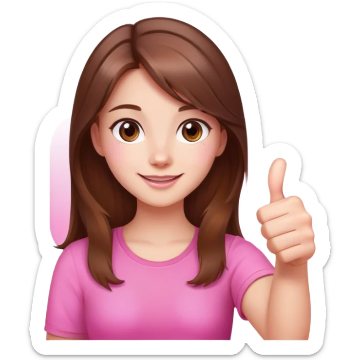 Tired but happy beautiful girl brown hair that is more valuable then corals holding a thumbs up with a cute pink aura behind here  sticker