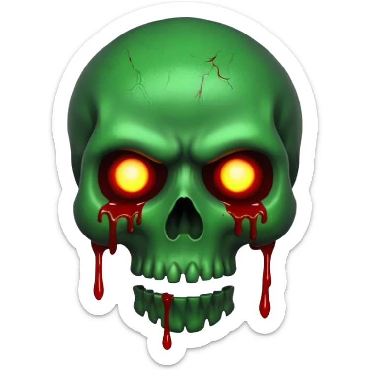 Green skull with blood and glowing eyes in the style of your bleeding skull art sticker