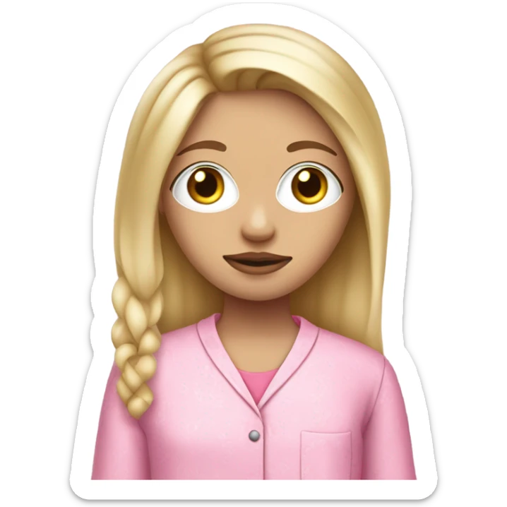 blonde girl medium length hair straight hair hazel eyes pouty lips button nose and white girl with a face mask on and pink pijamas  sticker